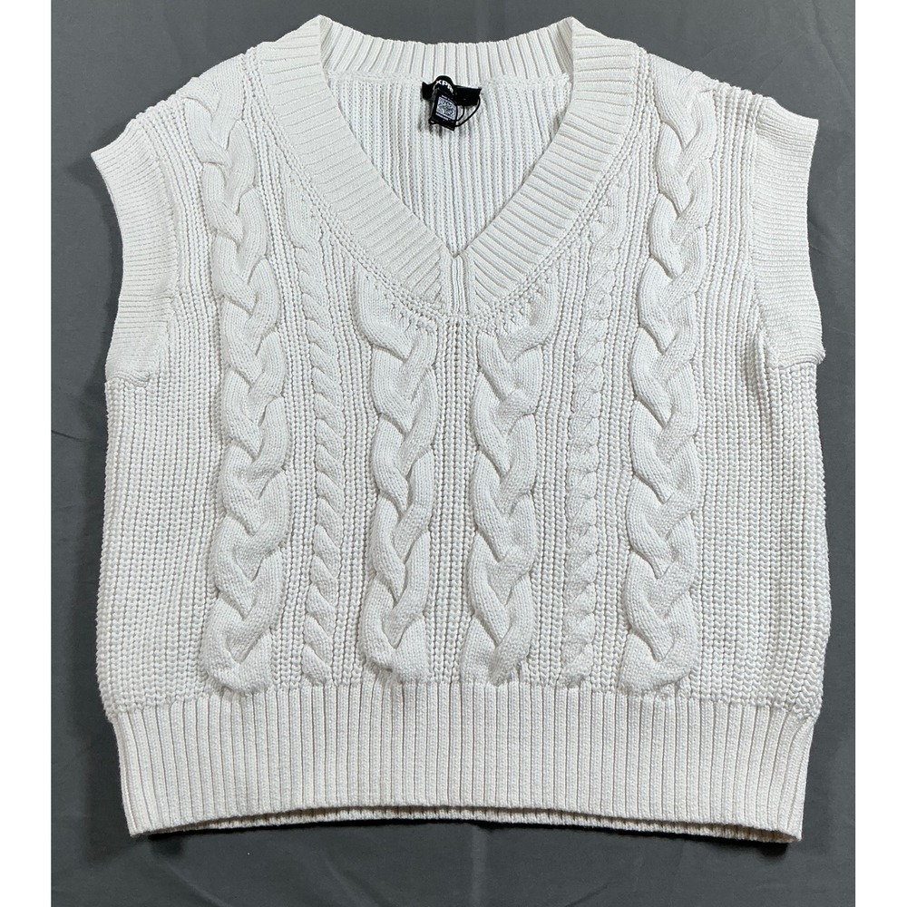 Express Conscious Edit Cable Knit Sweater Vest White V-Neck Medium